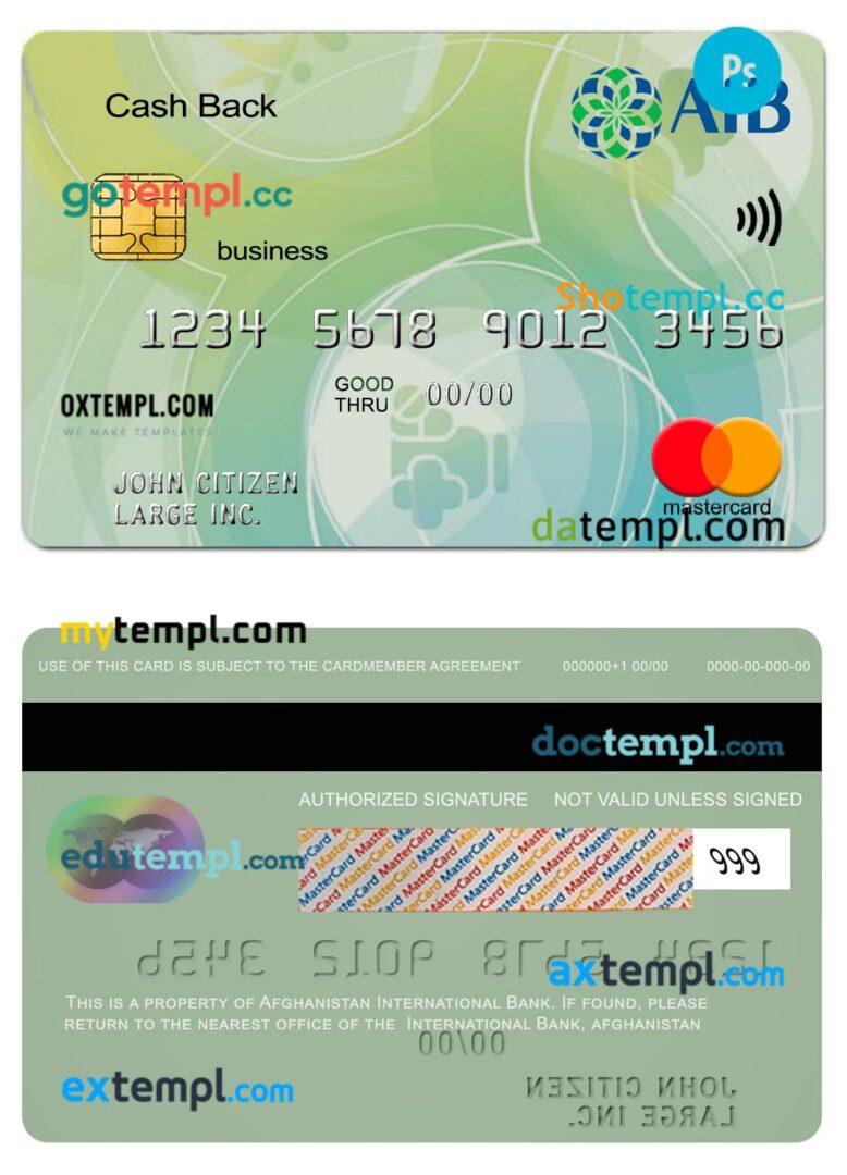 Afghanistan International bank business mastercard cash back template in PSD format