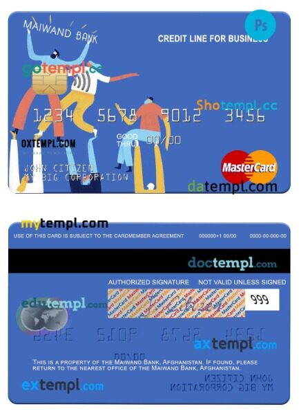 Afghanistan Maiwand Bank business credit mastercard template in PSD format