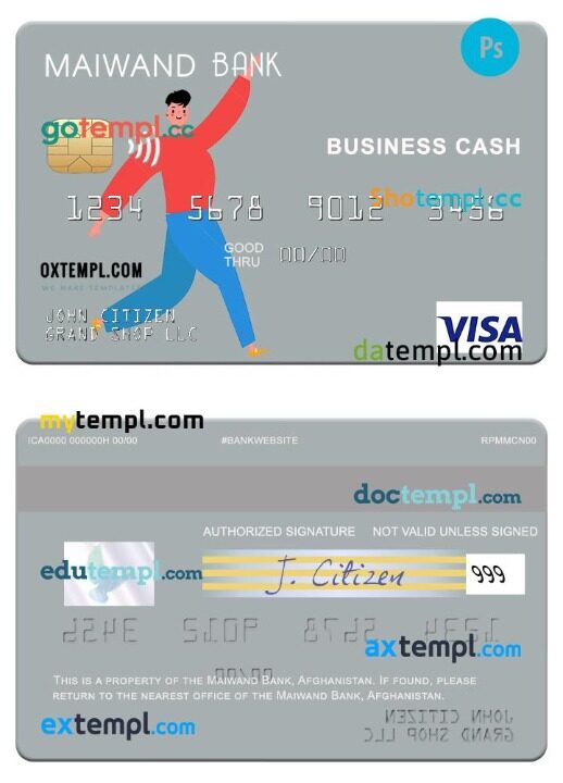 Afghanistan Maiwand Bank visa business cash card template in PSD format