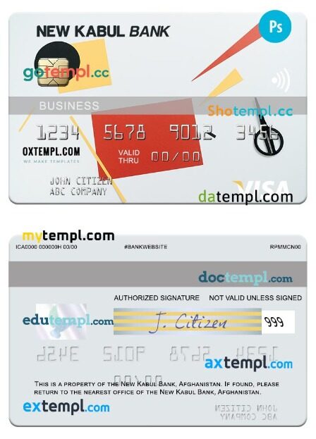 Afghanistan New Kabul Bank visa business card template in PSD format