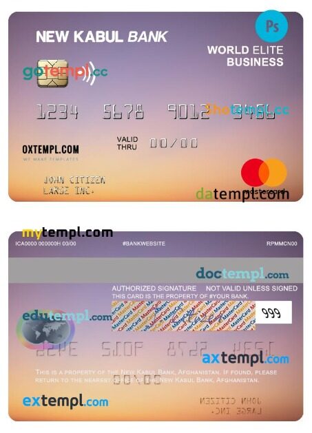 Afghanistan New Kabul Bank world elite business mastercard template in PSD format