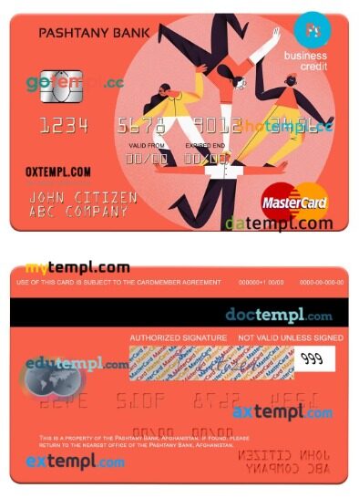 Afghanistan Pashtany Bank business credit mastercard template in PSD format