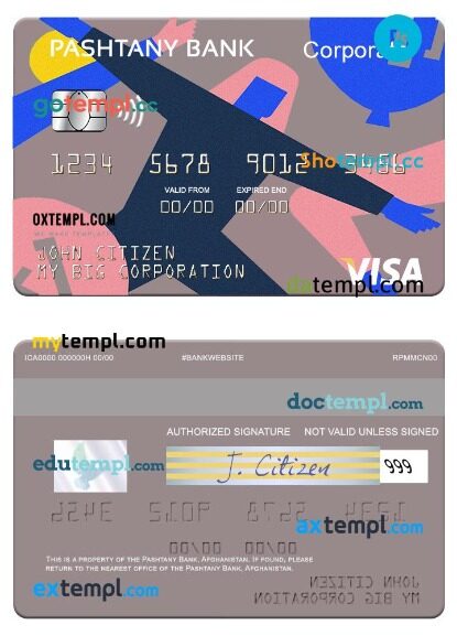 Afghanistan Pashtany Bank visa corporate card template in PSD format
