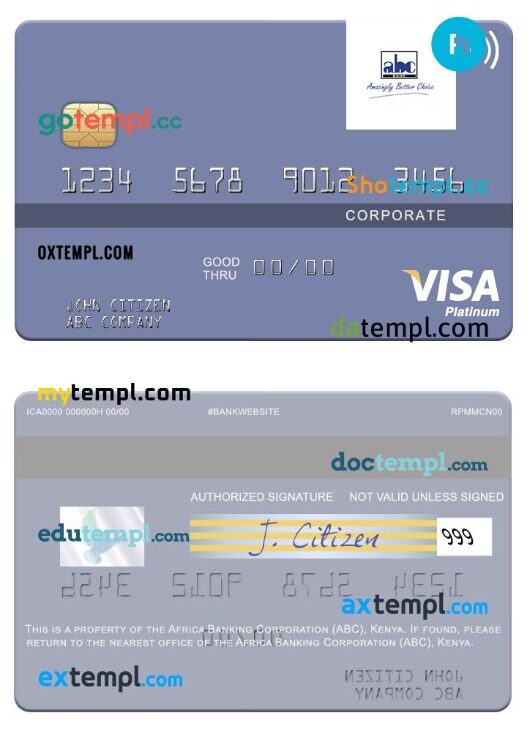 Africa Banking Corporation (ABC) Kenya visa corporate platinum card template in PSD format