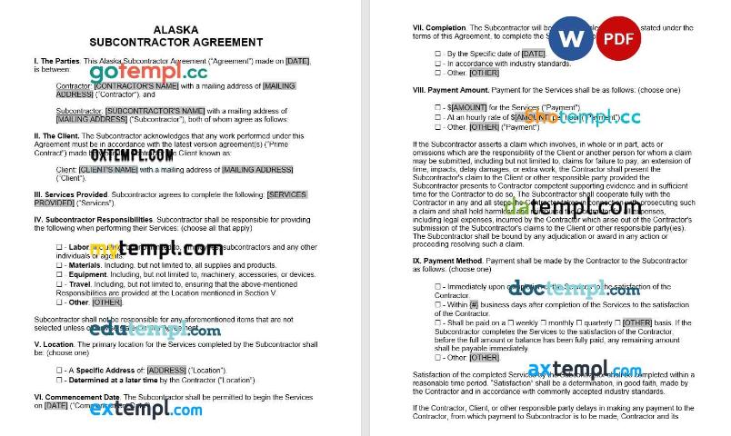 Alaska Subcontractor Agreement Word example