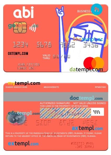 Albania American Bank of Investments (ABI) business cash mastercard template in PSD format