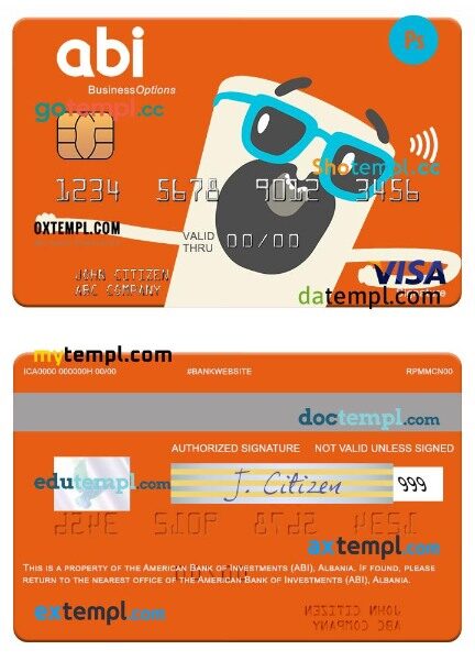 Albania American Bank of Investments (ABI) business signature visa card template in PSD format