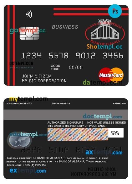 Albania Bank of Albania bank business mastercard template in PSD format