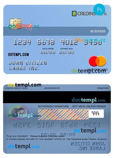 Albania Credins bank business mastercard template in PSD format