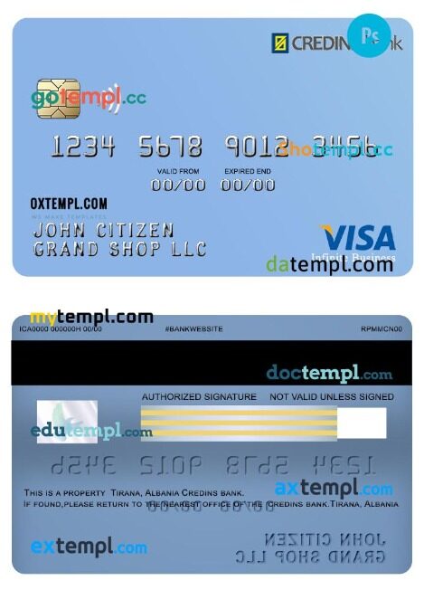 Albania Credins bank visa business infinite card template in PSD format