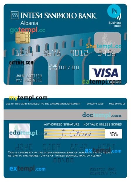 Albania Intesa Sanpaolo Bank visa business credit card template in PSD format