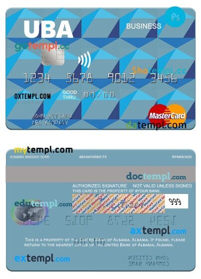 Albania United Bank of Albania business mastercard template in PSD format