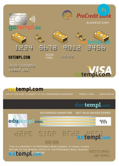 Albania procredit bank business cash visa card template in PSD format
