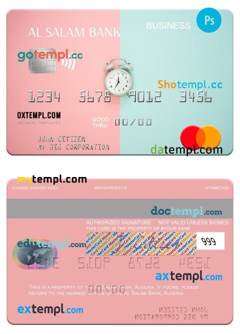 Algeria Al Salam Bank business corporate mastercard template in PSD format