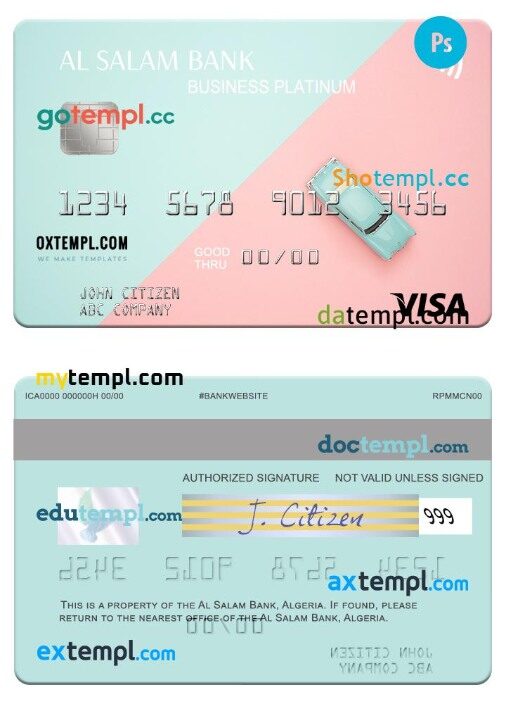 Algeria Al Salam Bank business platinum visa card template in PSD format
