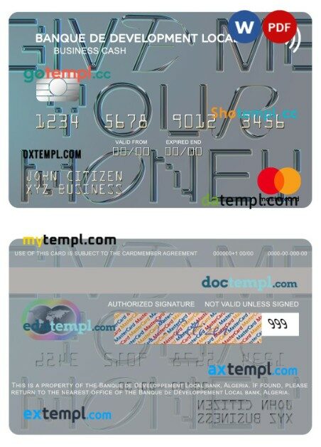 Algeria Banque de Développement Local business cash mastercard template in PSD format