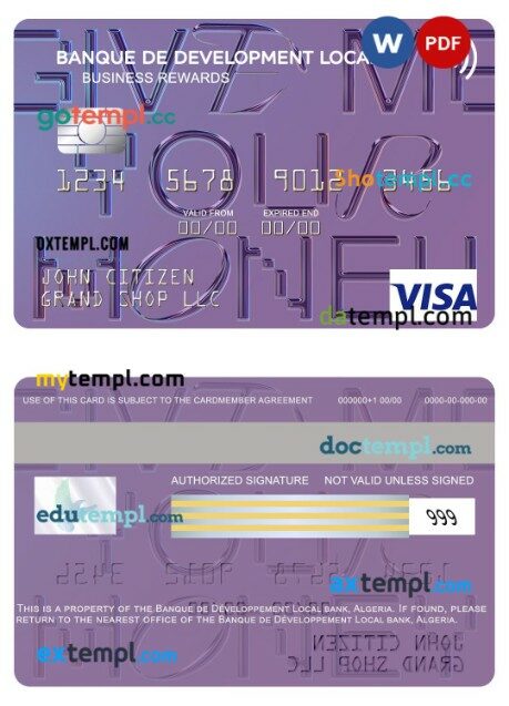 Algeria Banque de Développement Local business rewards visa card template in PSD format