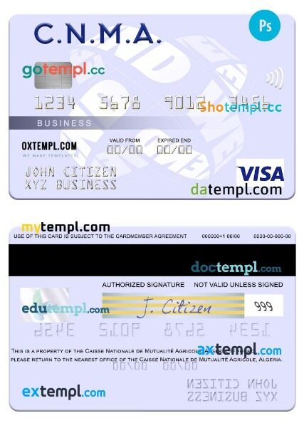 Algeria Caisse Nationale de Mutualité Agricole business visa card template in PSD format