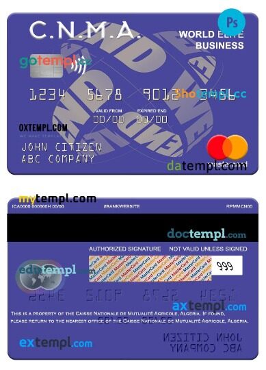 Algeria Caisse Nationale de Mutualité Agricole world elite business mastercard template in PSD format