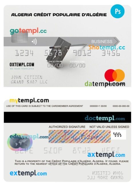Algeria Crédit Populaire d’Algérie business mastercard template in PSD format