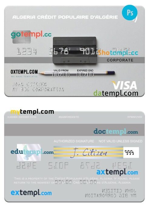 Algeria Crédit Populaire d’Algérie corporate visa card platinum template in PSD format