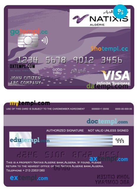 Algeria Natixis algerie bank Business visa Infinite card template in PSD format