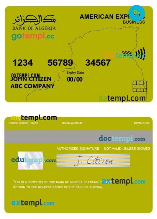 Algeria bank of Algeria American Express business card template in PSD format