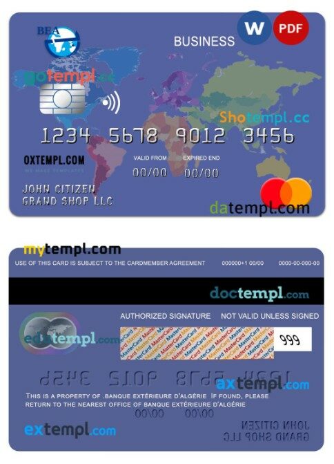 Algeria Banque extérieure d’algérie business mastercard template in PSD format