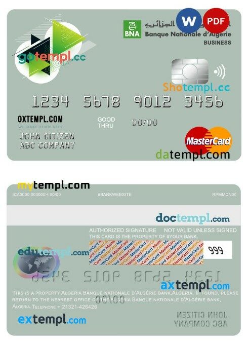 Algeria banque nationale d’Algérie (BNA) bank business mastercard template in PSD format