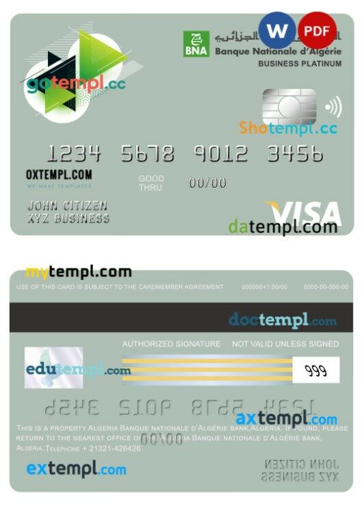 Algeria Banque nationale d’Algérie (BNA) bank business platinum visa card template in PSD format