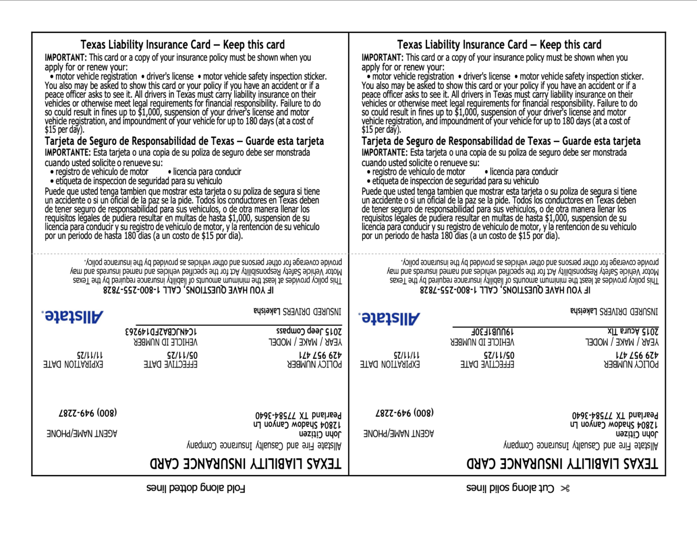 Allstate Texas Liability insurance card Word and PDF template
