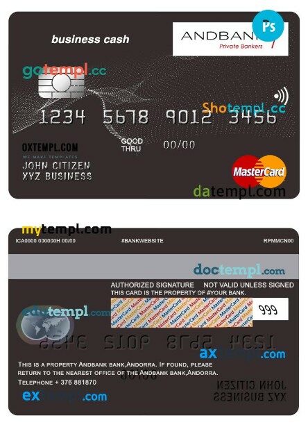 Andorra Andbank bank business cash mastercard template in PSD format