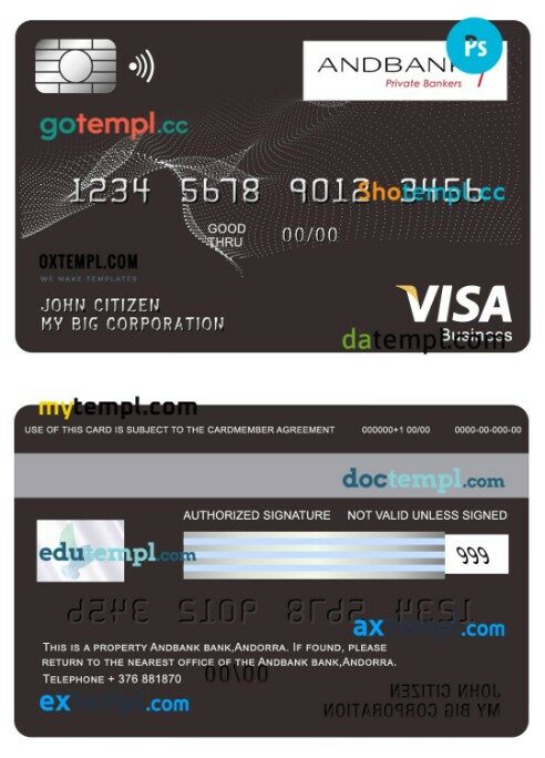 Andorra Andbank bank visa business card template in PSD format