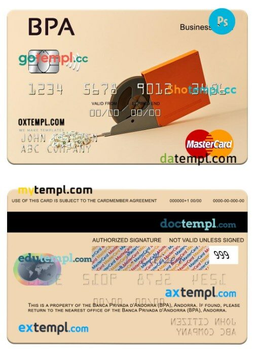 Andorra Banca Privada d’Andorra (BPA) business cash mastercard template in PSD format