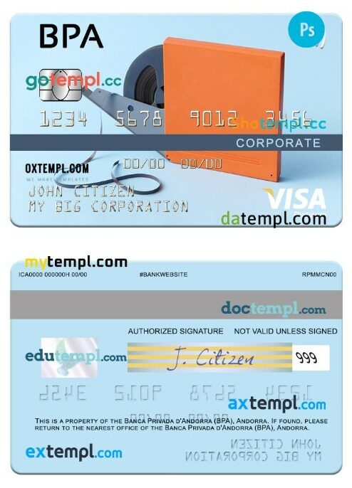 Andorra Banca Privada d’Andorra (BPA) corporate visa platinum card template in PSD format