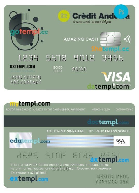 Andorra Credit Andorra bank amazing cash visa business card template in PSD format