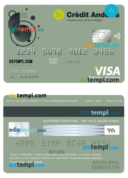 Andorra Credit Andorra bank visa signature business card template in PSD format