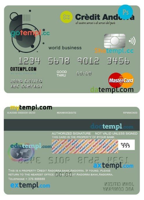 Andorra Credit Andorra bank world business mastercard template in PSD format