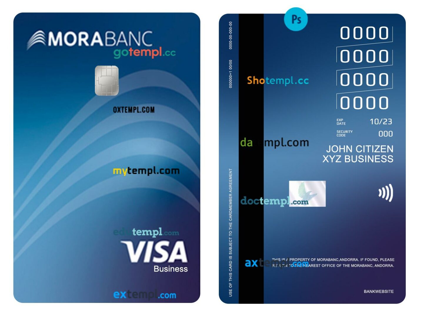 Andorra Morabanc visa business credit vertical card template in PSD format