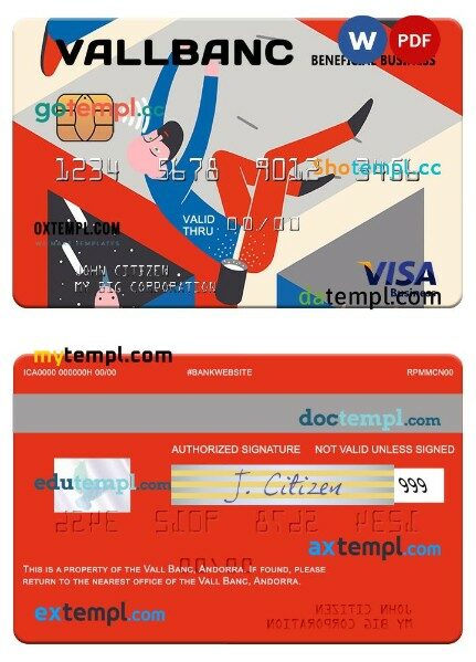 Andorra Vall Banc beneficial business visa card template in PSD format