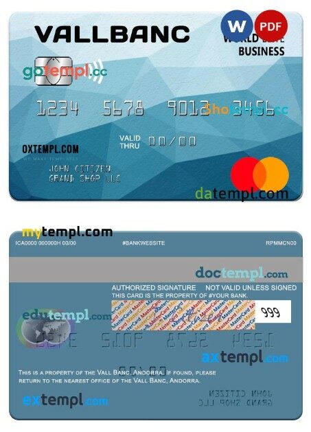 Andorra Vall Banc world elite business mastercard template in PSD format