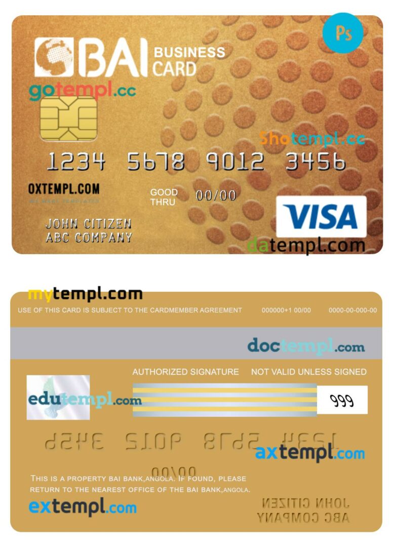 Angola BAI Bank gold visa business card template in PSD format