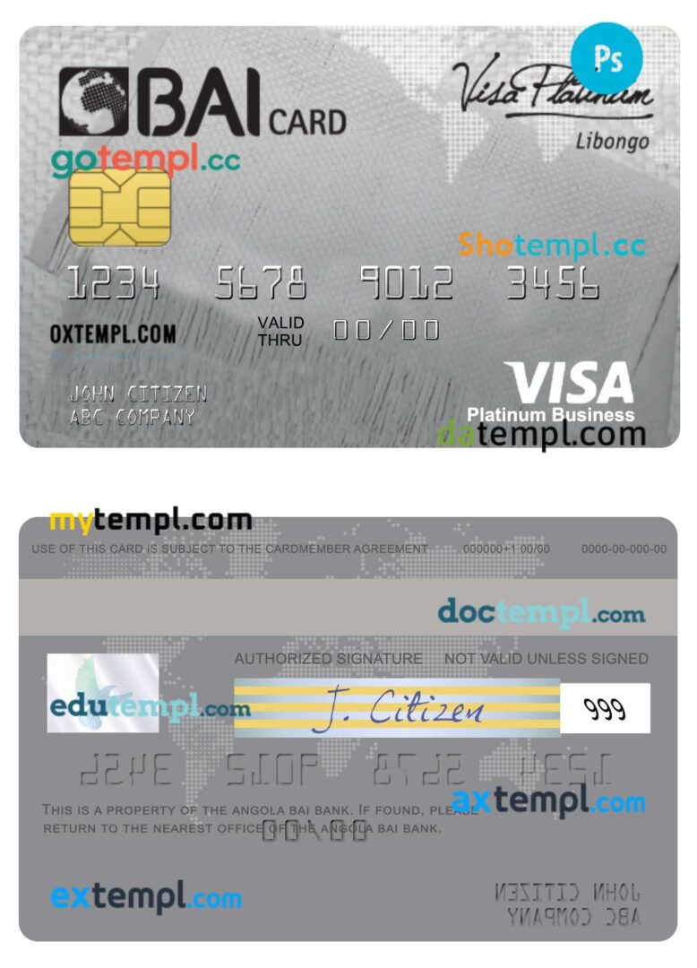 Angola BAI bank visa platinum business card template in PSD format