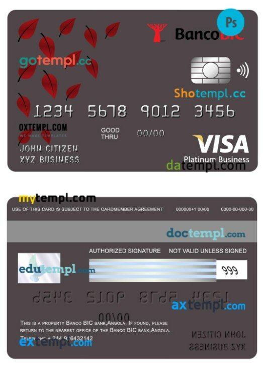 Angola Banco BIC bank visa business card template in PSD format