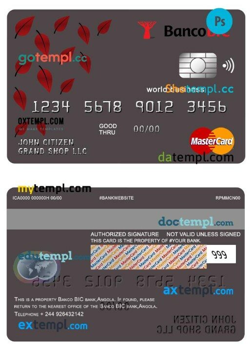 Angola Banco BIC bank world business mastercard template in PSD format