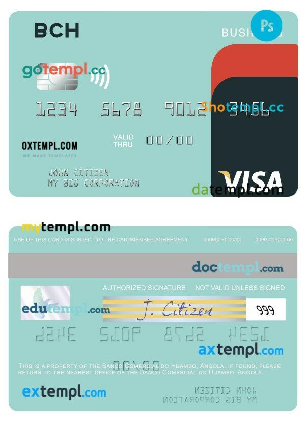 Angola Banco Comercial do Huambo visa business card template in PSD format