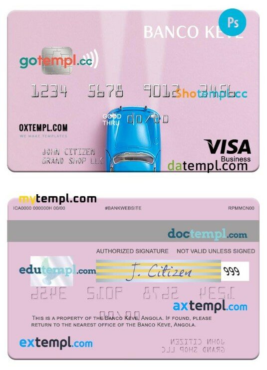 Angola Banco Keve visa business card template in PSD format