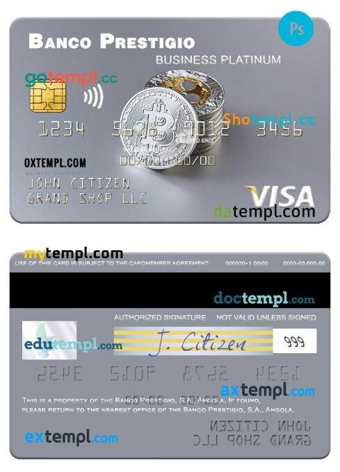 Angola Banco Prestigio, S.A. business platinum visa card template in PSD format