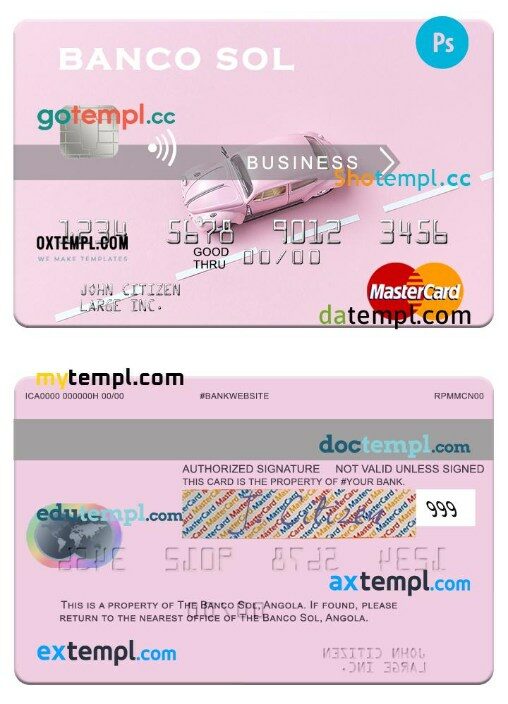 Angola Banco Sol business mastercard template in PSD format