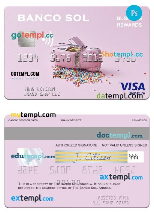Angola Banco Sol business rewards visa signature card template in PSD format